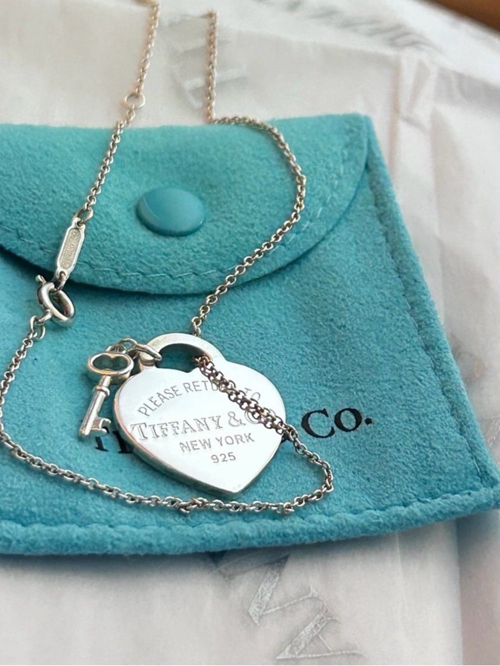Authentic Tiffany & Co. Silver Heart Stamped Pendant Key Necklace